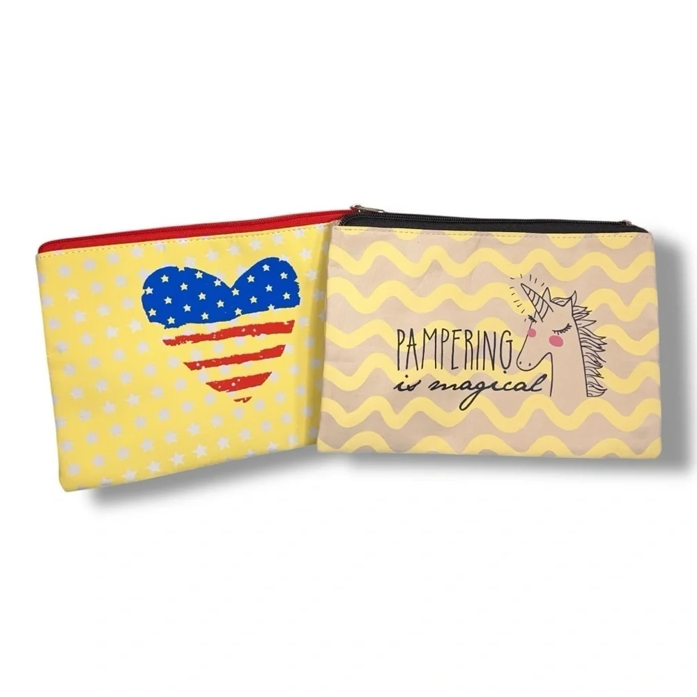 Set Of Two Makeup Bags Perfectly Posh Yellow Travel Cosmetic Storage Unicorn